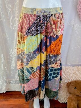 Boho coastal hippie vintage girly patchwork cotton raw hem maxi skirt